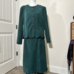 Vintage Leslie Fay Women's Skirt Suit Sz 16 Faux Suede Green Long Sleeves